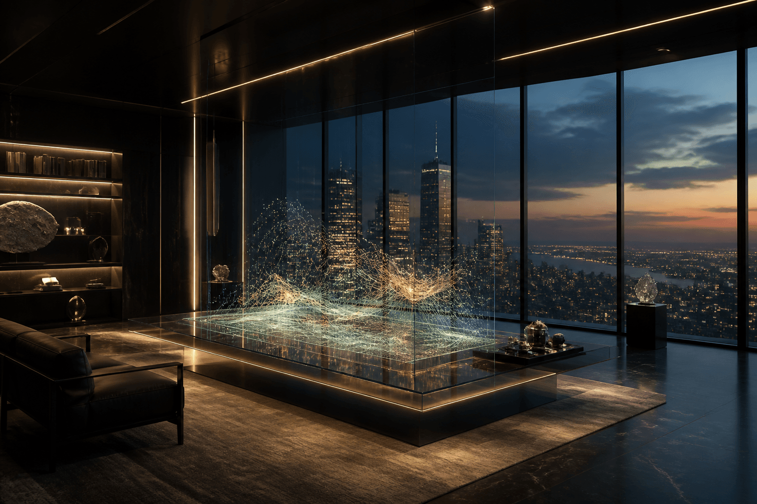 The RimansTech Industries atelier — a dark architectural interior with a gold neural lattice