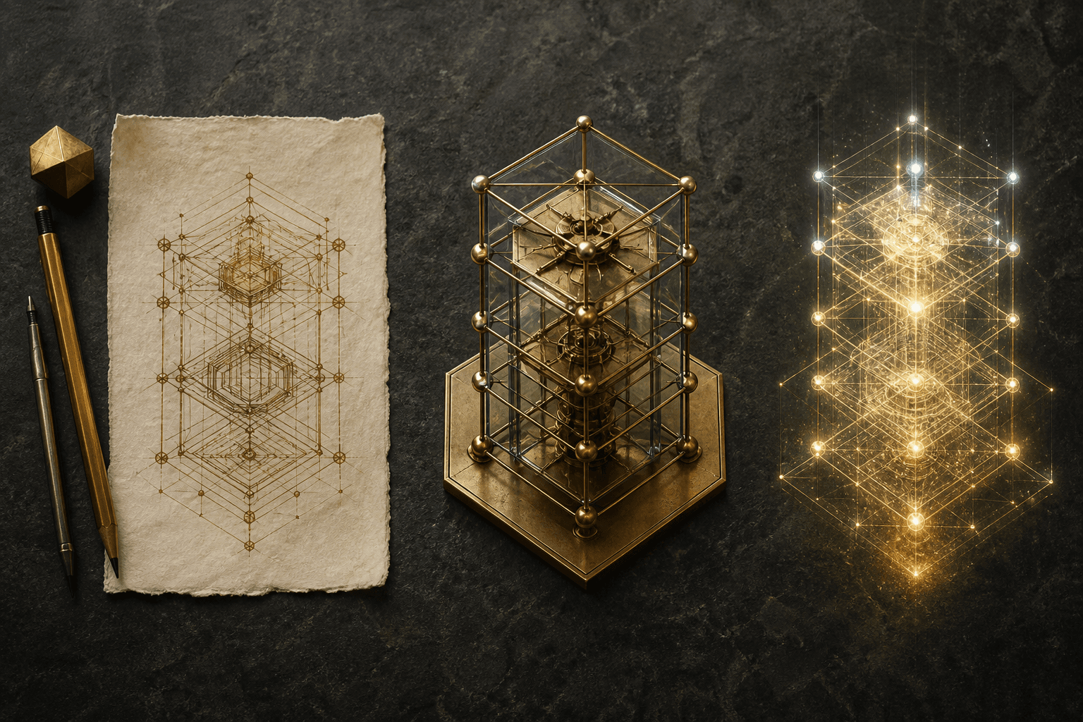 Three stages of making — sketch, brass model, and a gold holographic lattice